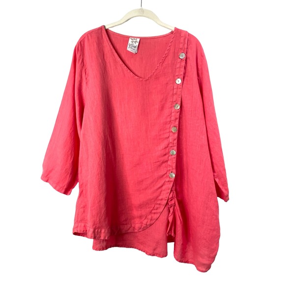 Match point Tops - Match‎ Point 100% linen asymmetric button up blouse top Size L salmon lagenlook